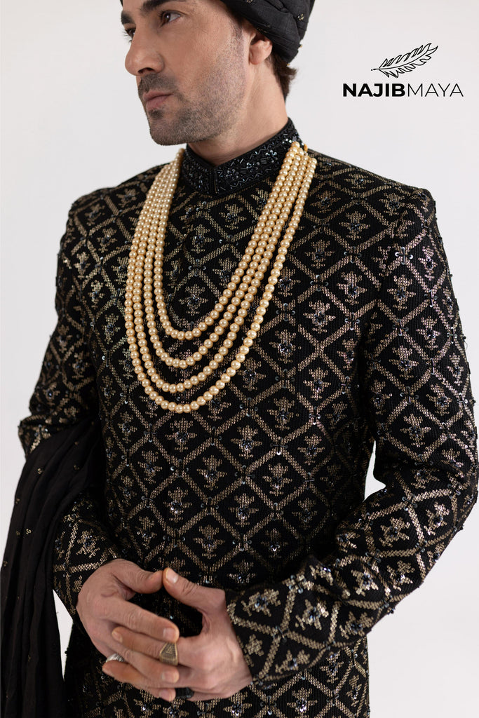 Black Golden Hand Work Sherwani For Men's