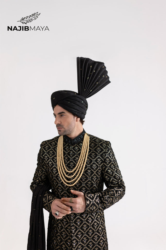 Black Golden Hand Work Sherwani For Men's