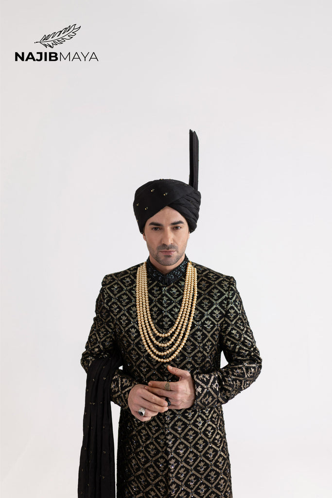 Black Golden Hand Work Sherwani For Men's