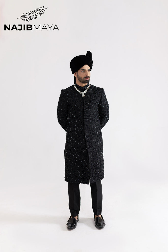 Black Full Hand Work Sherwani For Men's