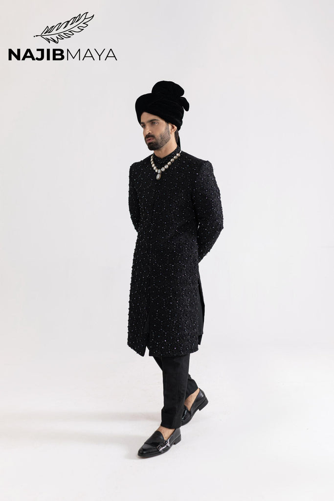 Black Full Hand Work Sherwani For Men's