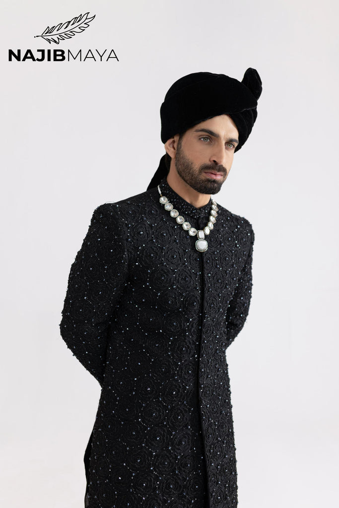 Black Full Hand Work Sherwani For Men's