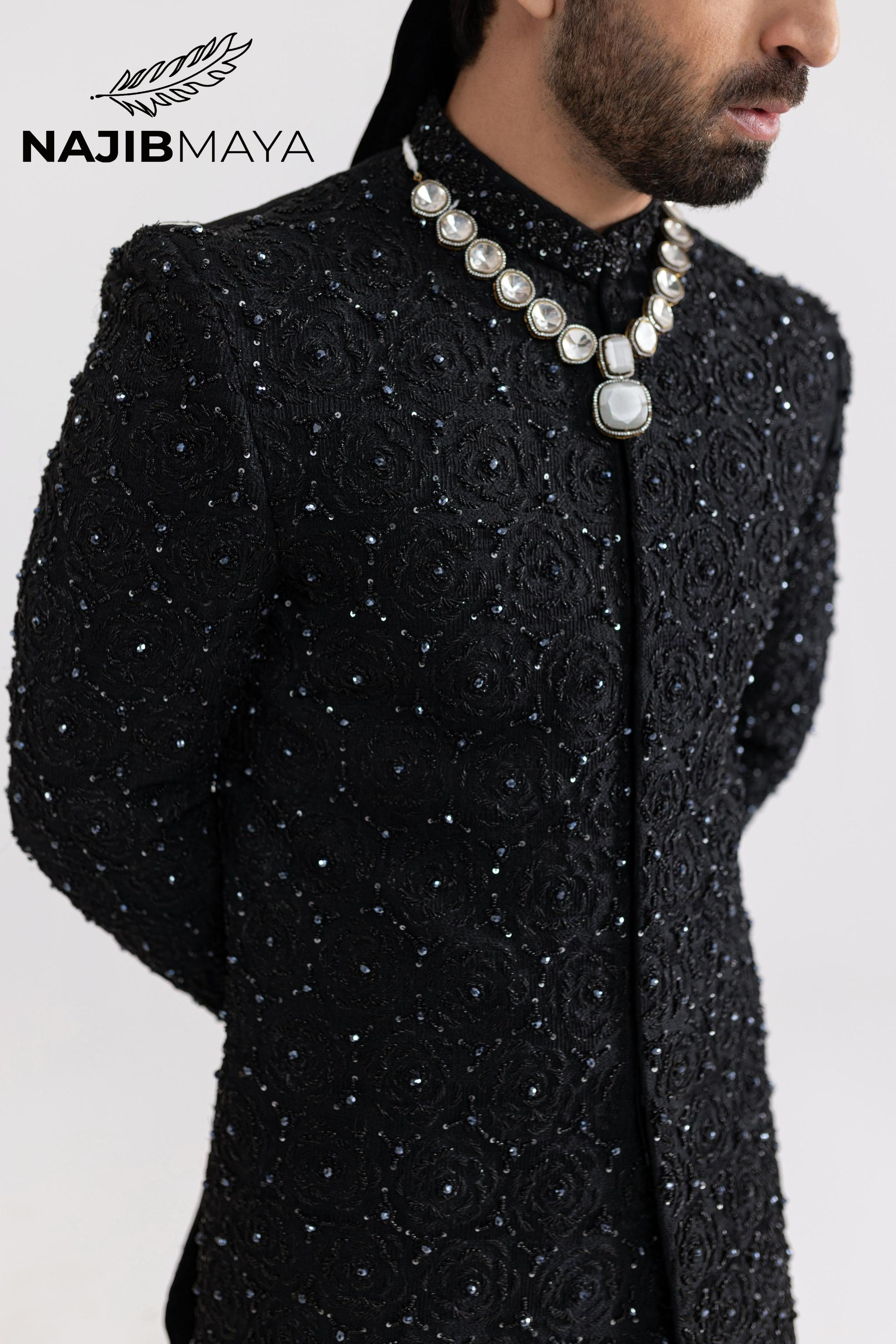 Black Full Hand Work Sherwani For Men's Secondary image
