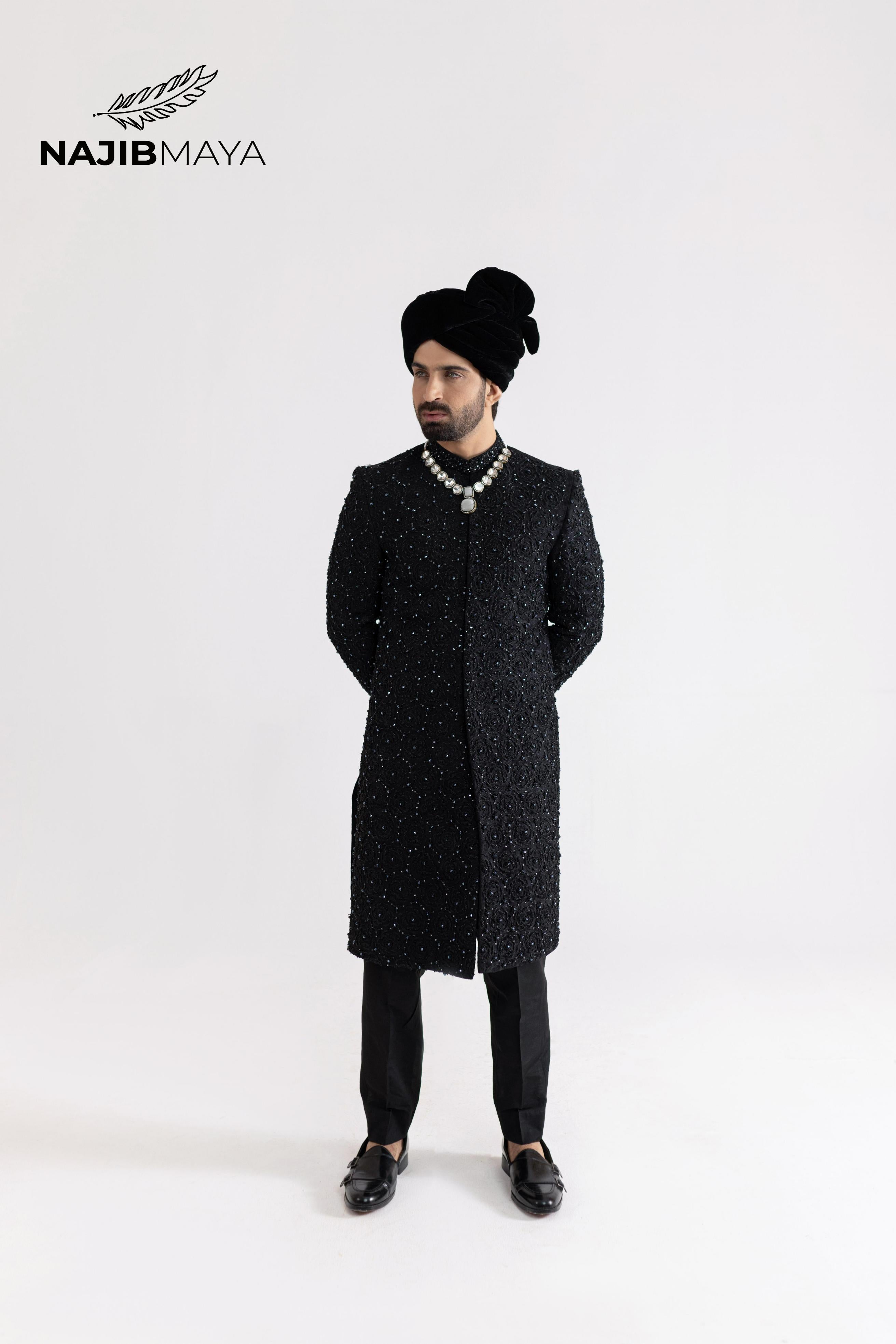Black Full Hand Work Sherwani For Men's Main image