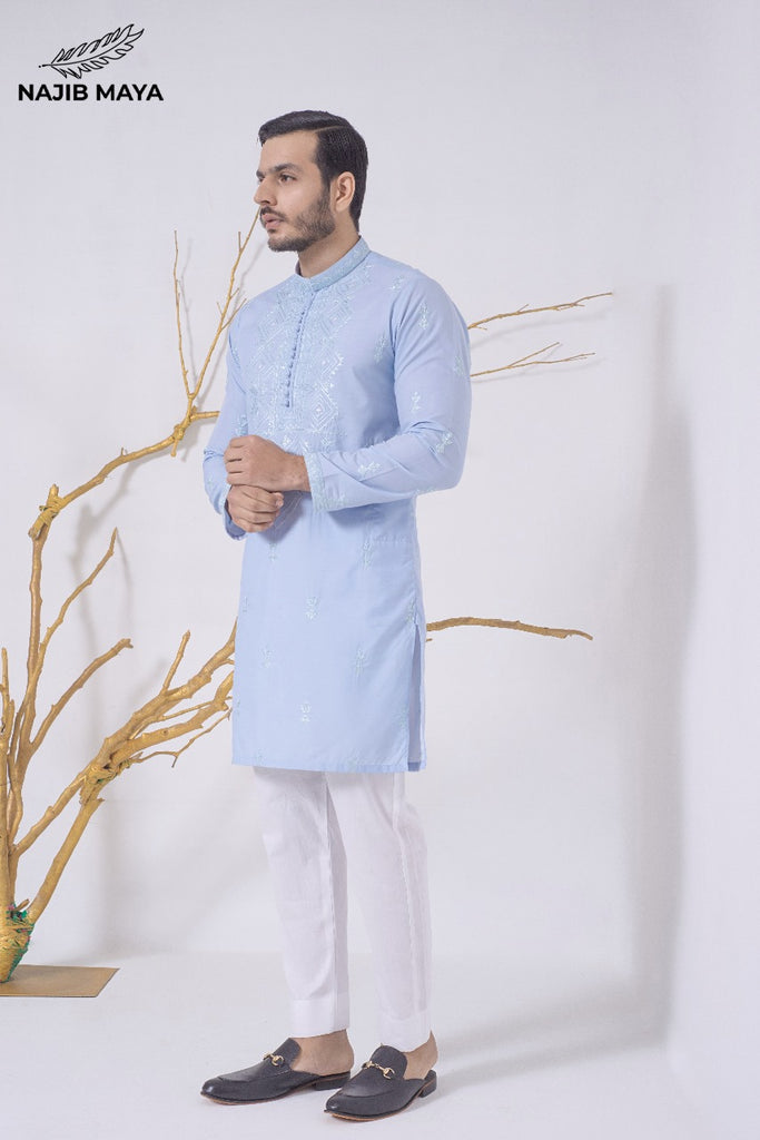 Powder Blue Stylish Embroidered Kurta Pajama For Men's