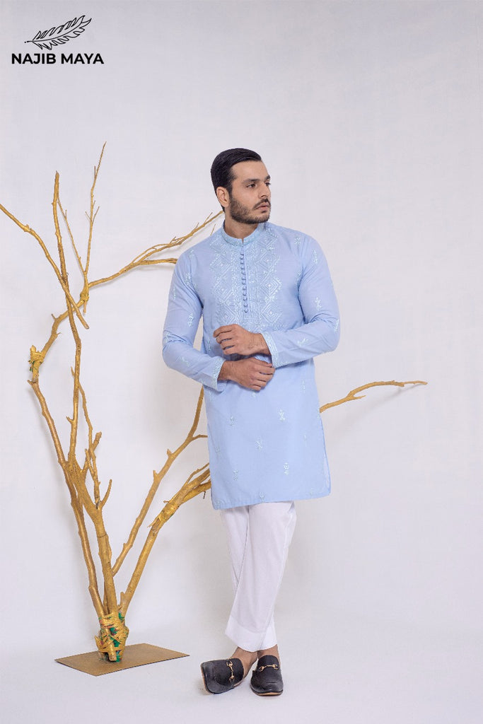 Powder Blue Stylish Embroidered Kurta Pajama For Men's