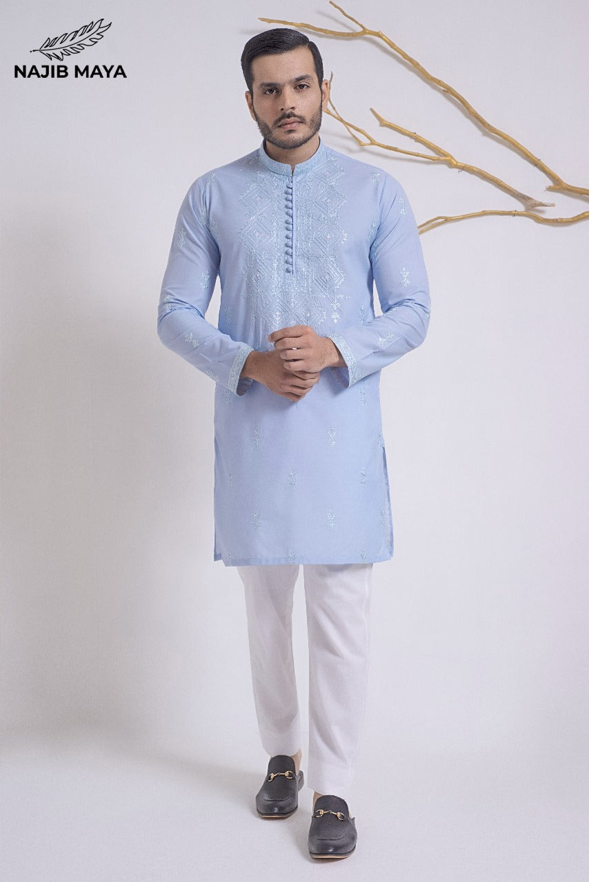 Powder Blue Stylish Embroidered Kurta Pajama For Men's Main image