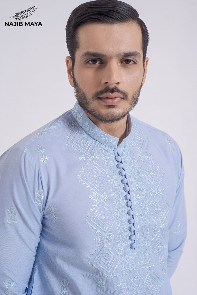 Powder Blue Stylish Embroidered Kurta Pajama For Men's