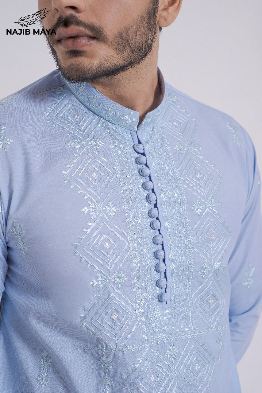 Powder Blue Stylish Embroidered Kurta Pajama For Men's Secondary image