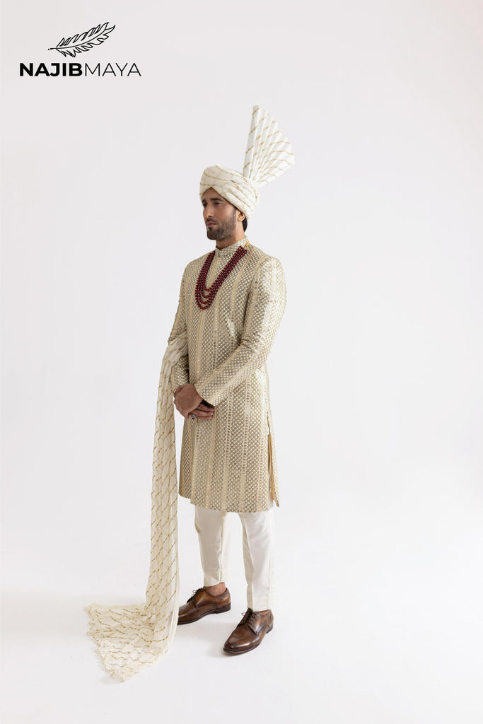 Cream Gold Sherwani For Men's