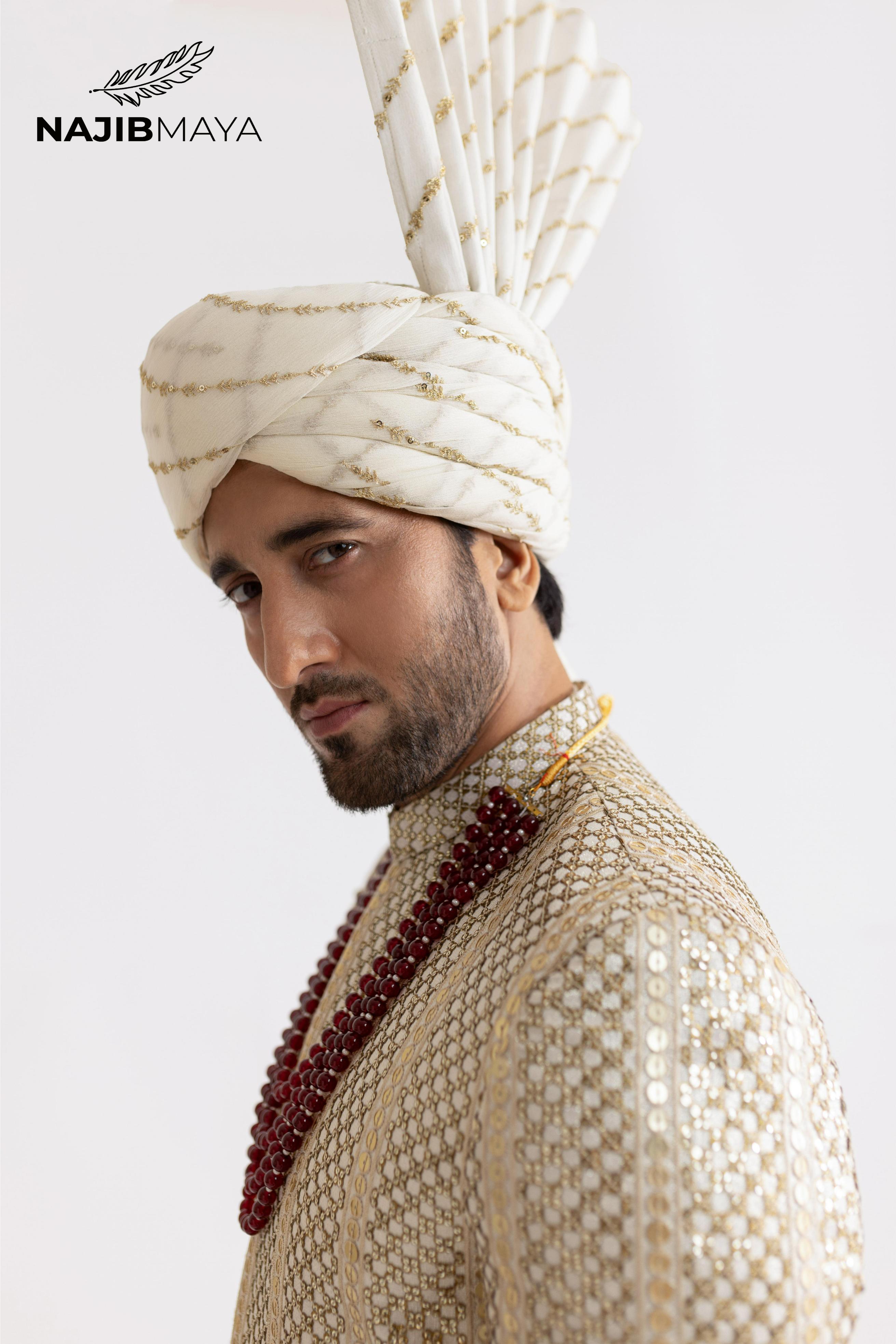 Cream Gold Sherwani For Men's Secondary image