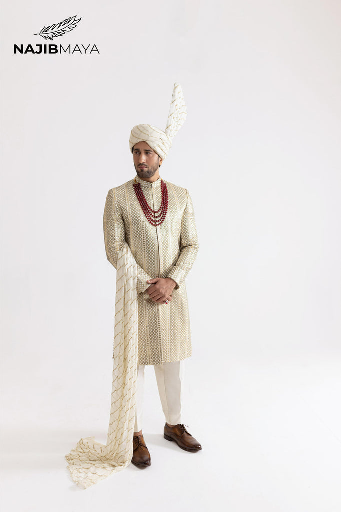 Cream Gold Sherwani For Men's