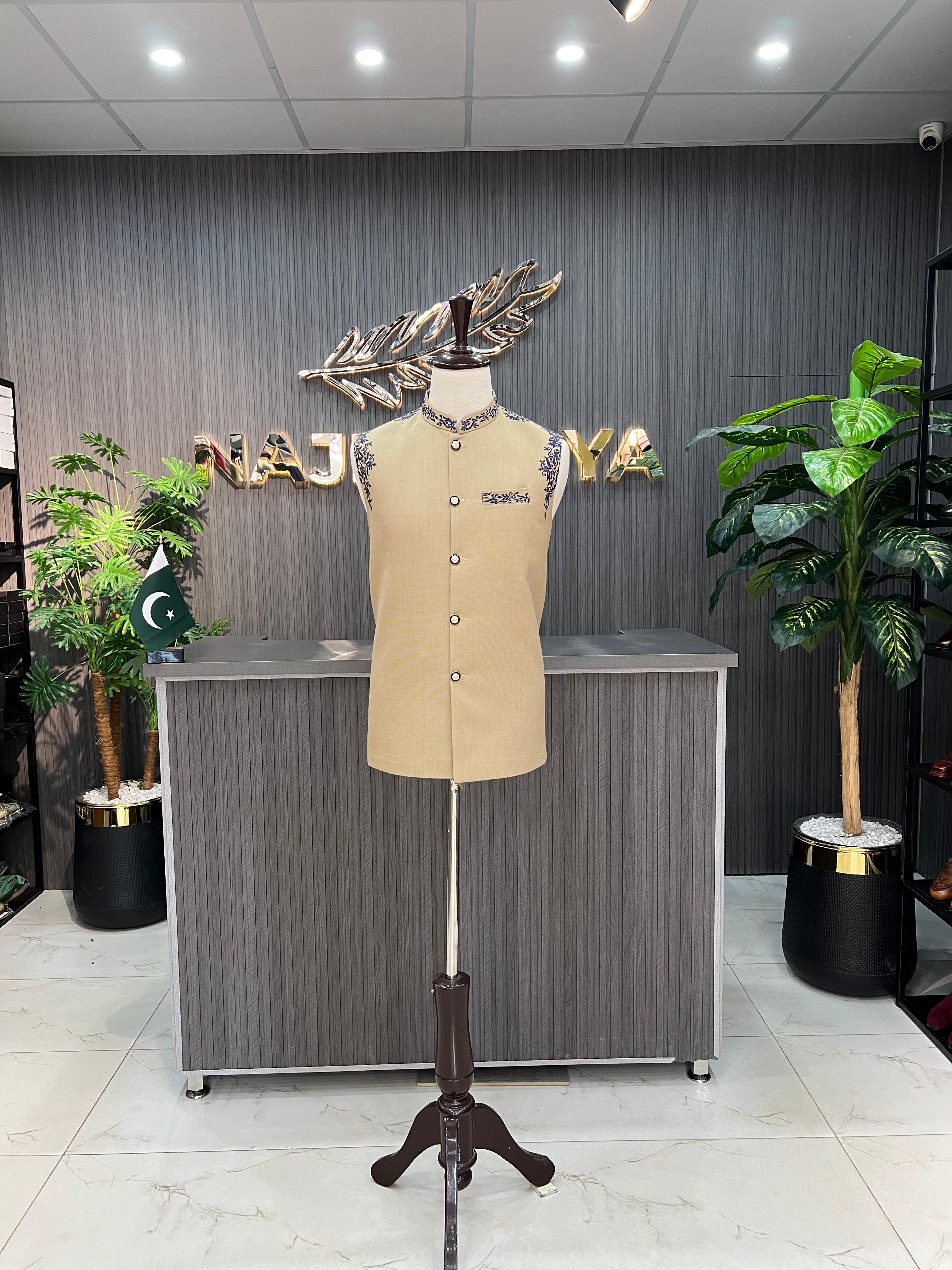 Beige Embroidery Waistcoat For Men's Main image