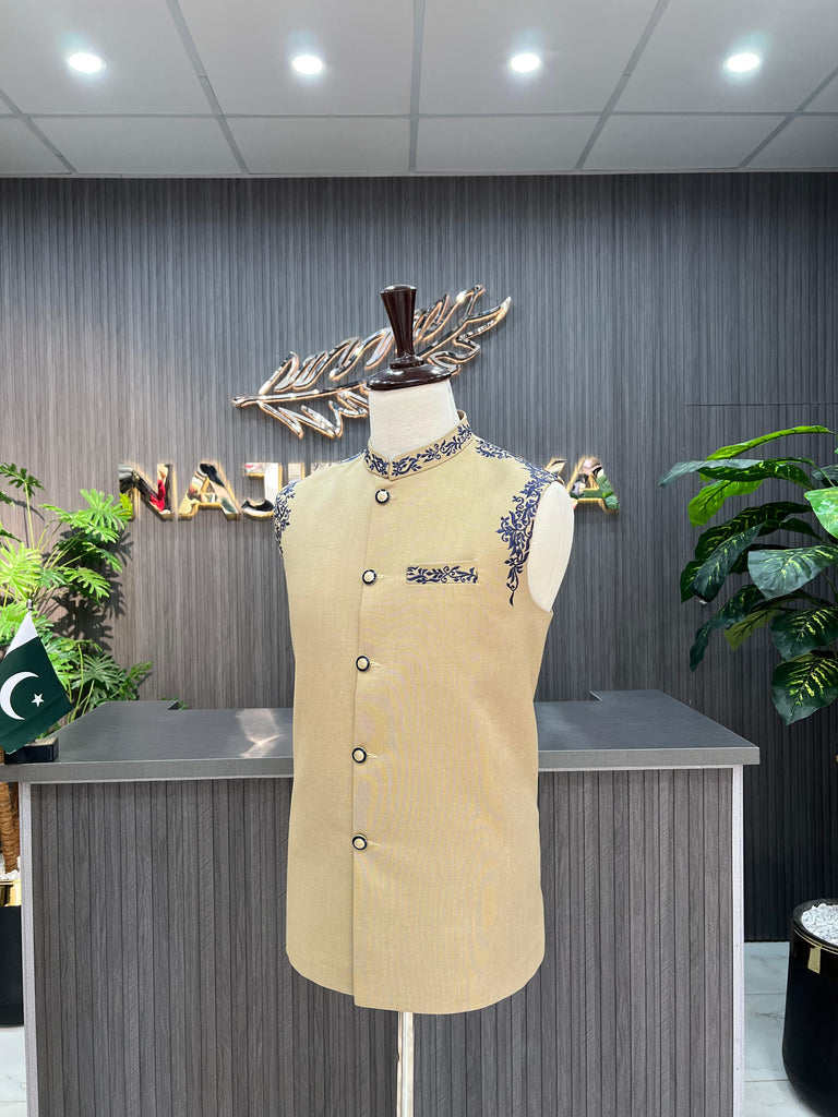 Beige Embroidery Waistcoat For Men's