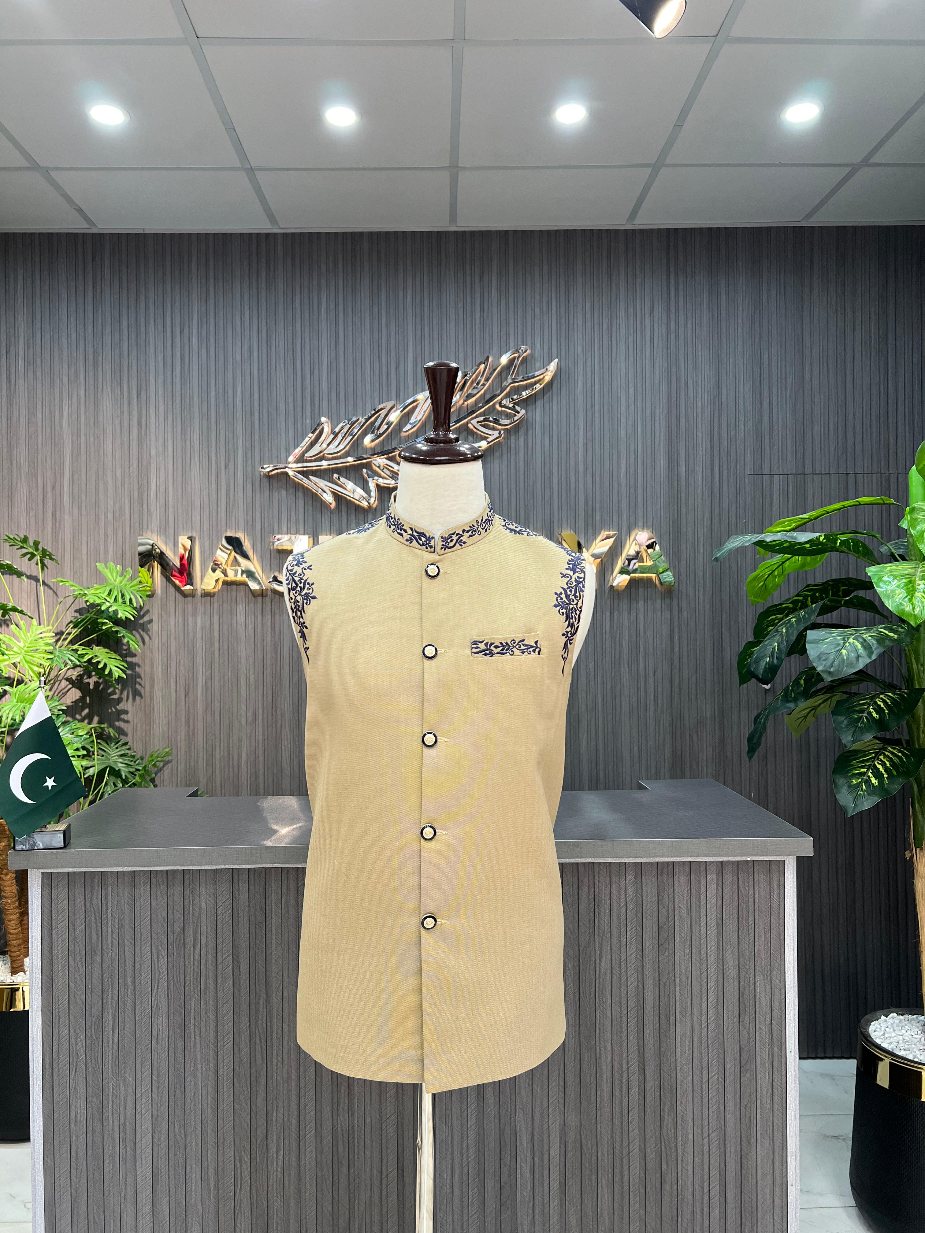Beige Embroidery Waistcoat For Men's Secondary image