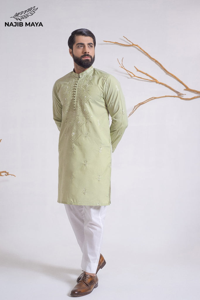 Powder Green Stylish Embroidered Kurta Pajama For Men's