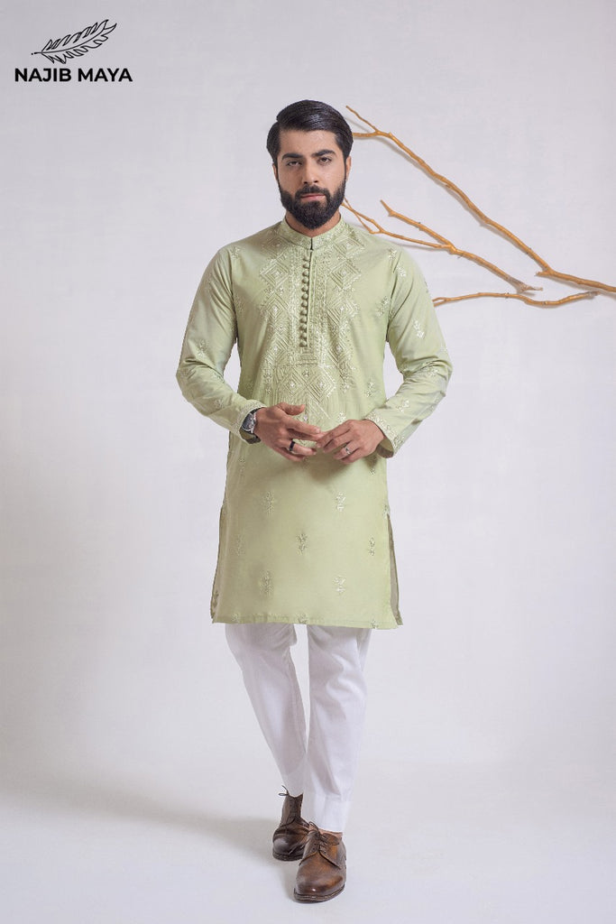 Powder Green Stylish Embroidered Kurta Pajama For Men's