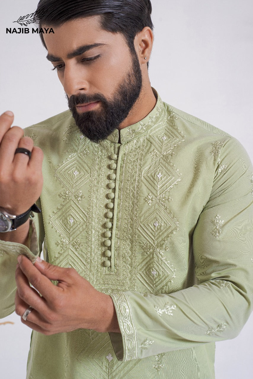 Powder Green Stylish Embroidered Kurta Pajama For Men's Secondary image