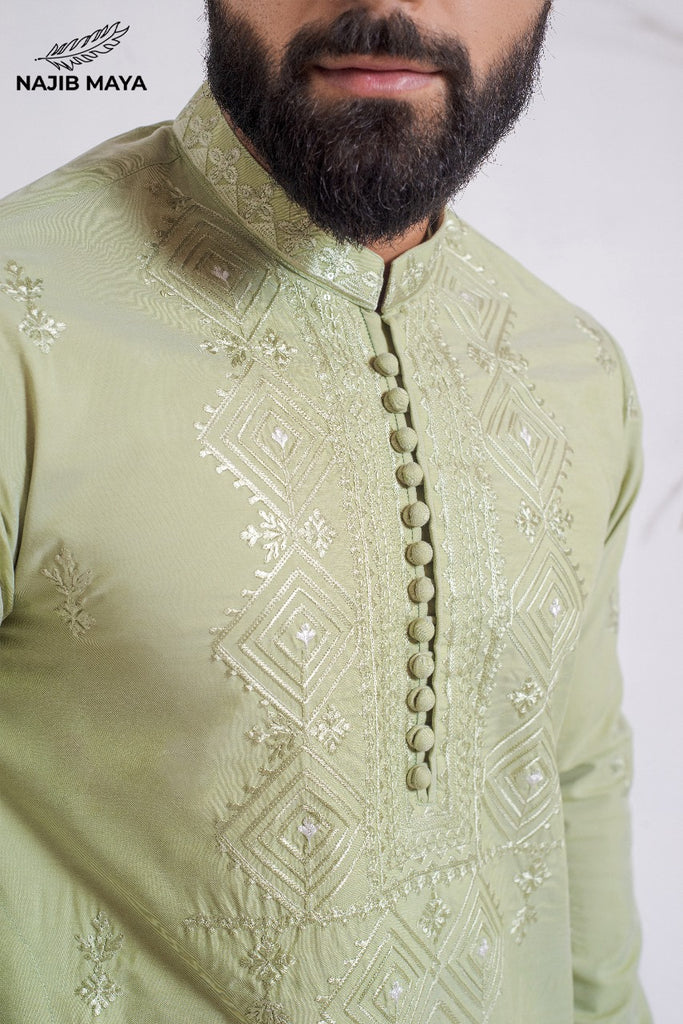 Powder Green Stylish Embroidered Kurta Pajama For Men's