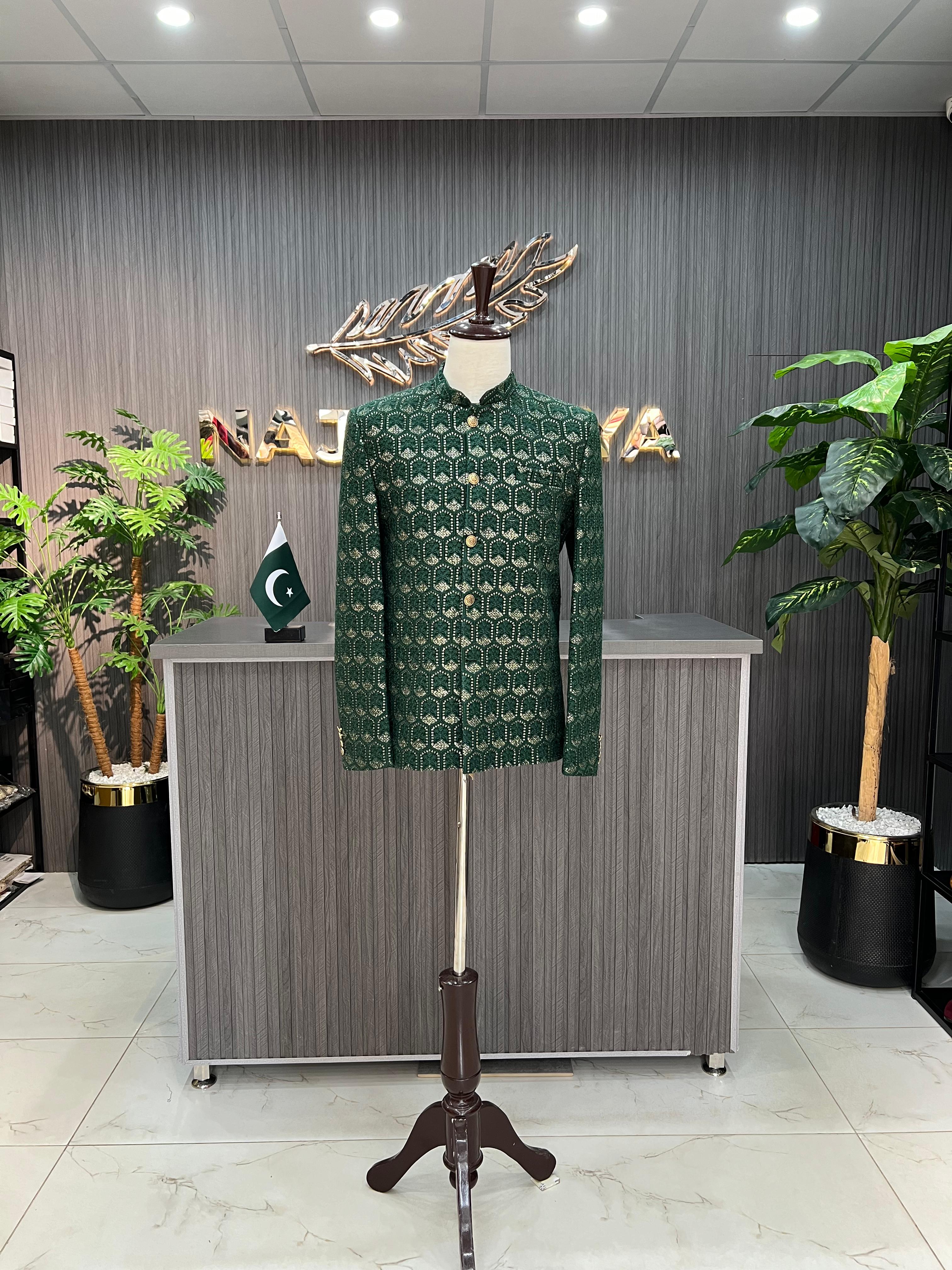 Green Embroidered Prince Coat For Men's Main image
