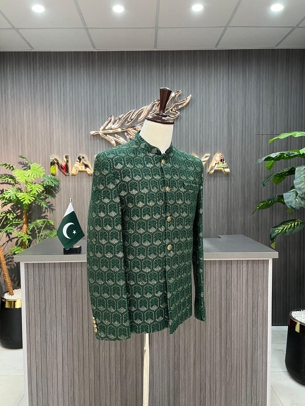 Green Embroidered Prince Coat For Men's