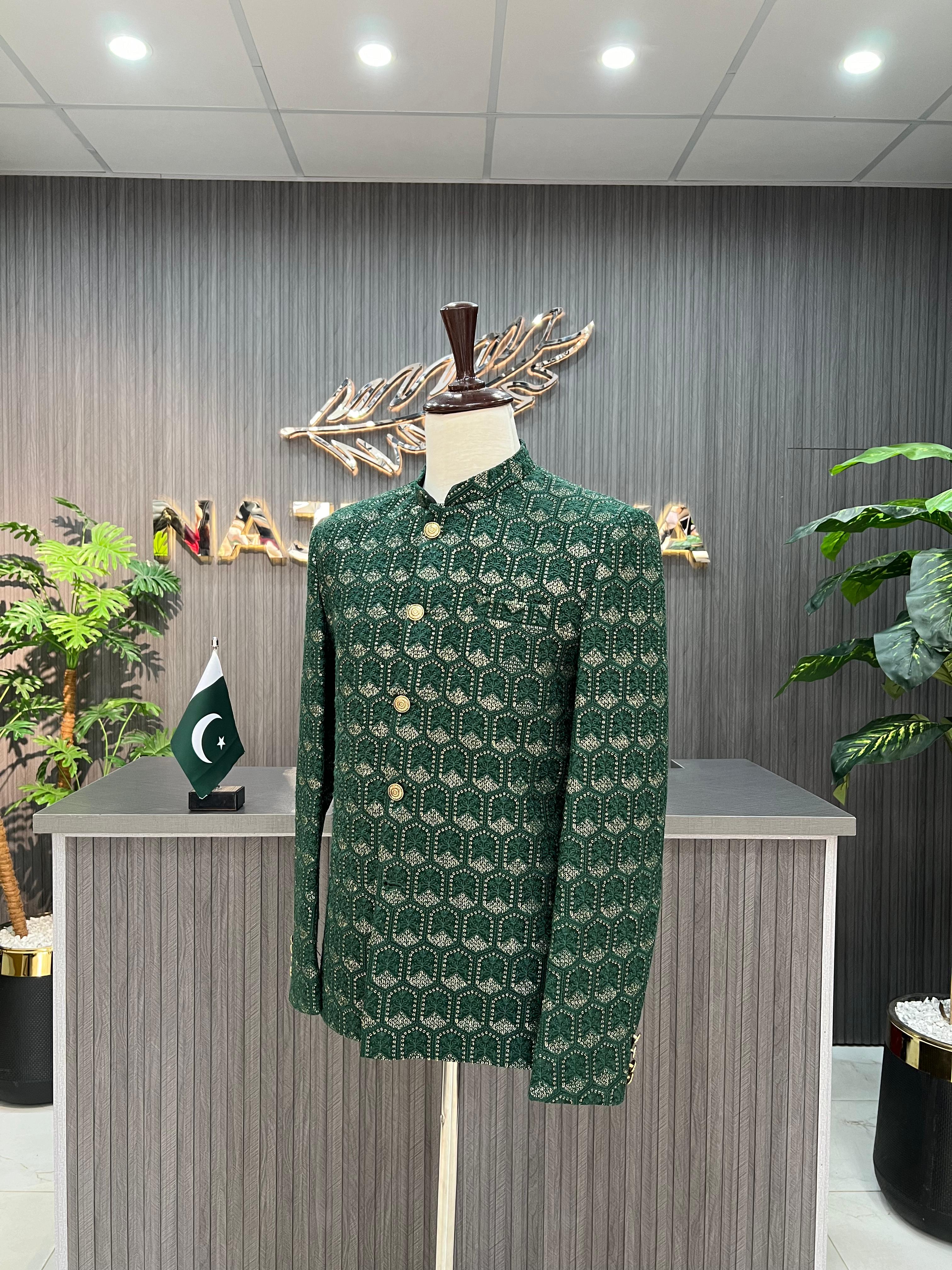 Green Embroidered Prince Coat For Men's