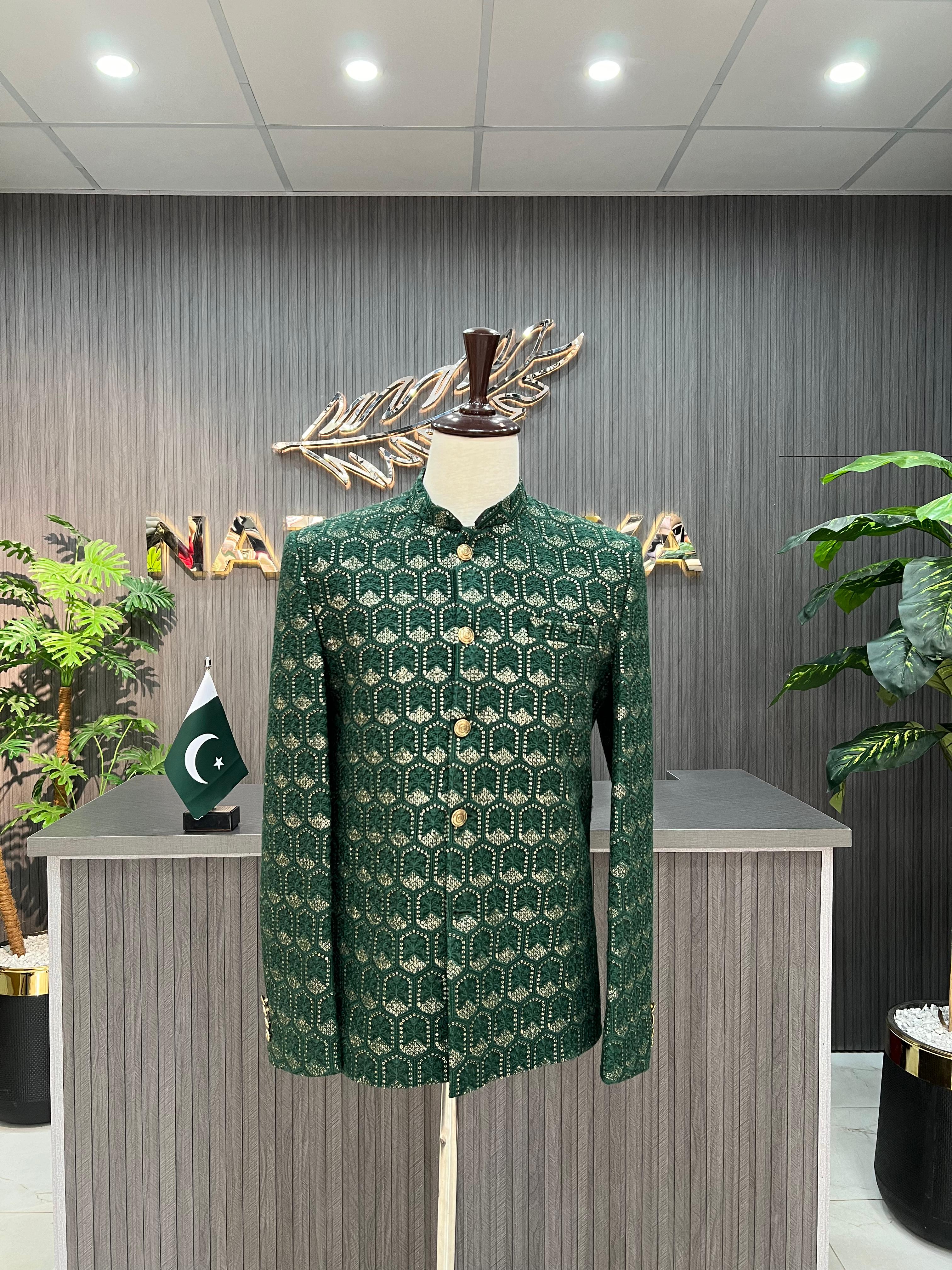 Green Embroidered Prince Coat For Men's Secondary image