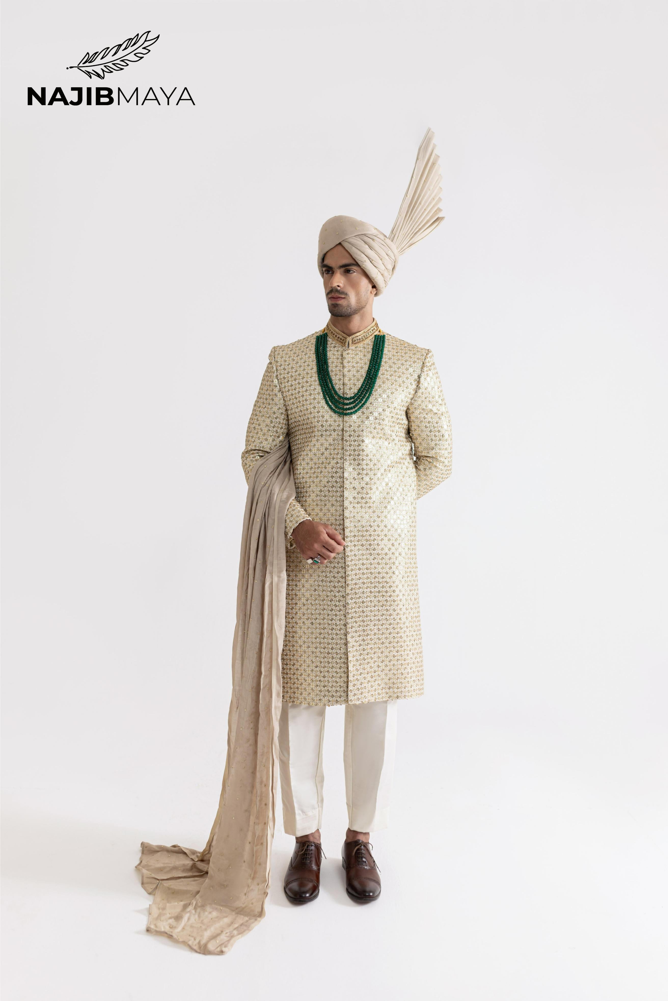 Cream Golden Sherwani For Men's Main image