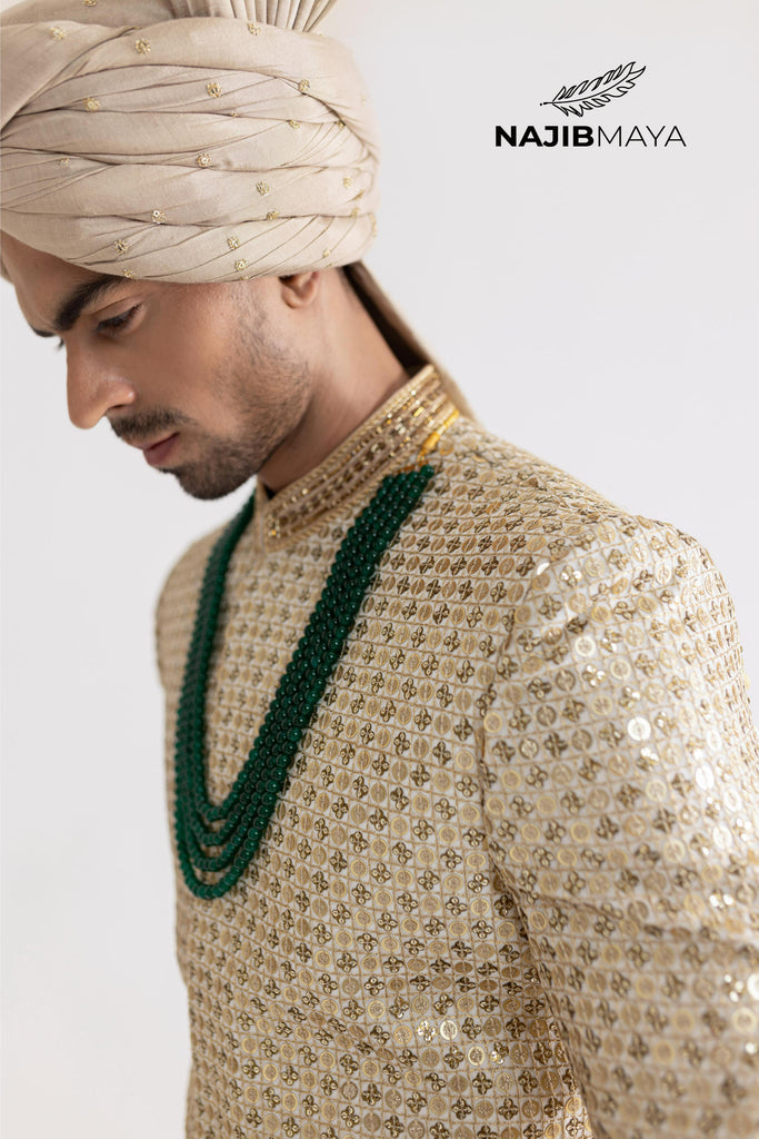 Cream Golden Sherwani For Men's