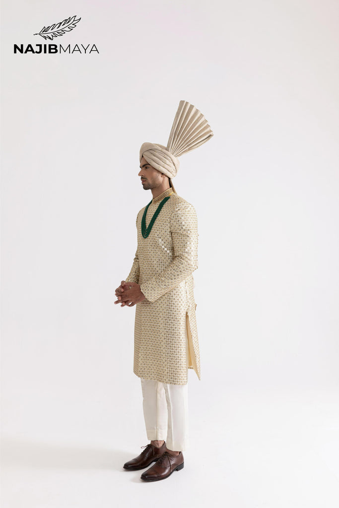 Cream Golden Sherwani For Men's