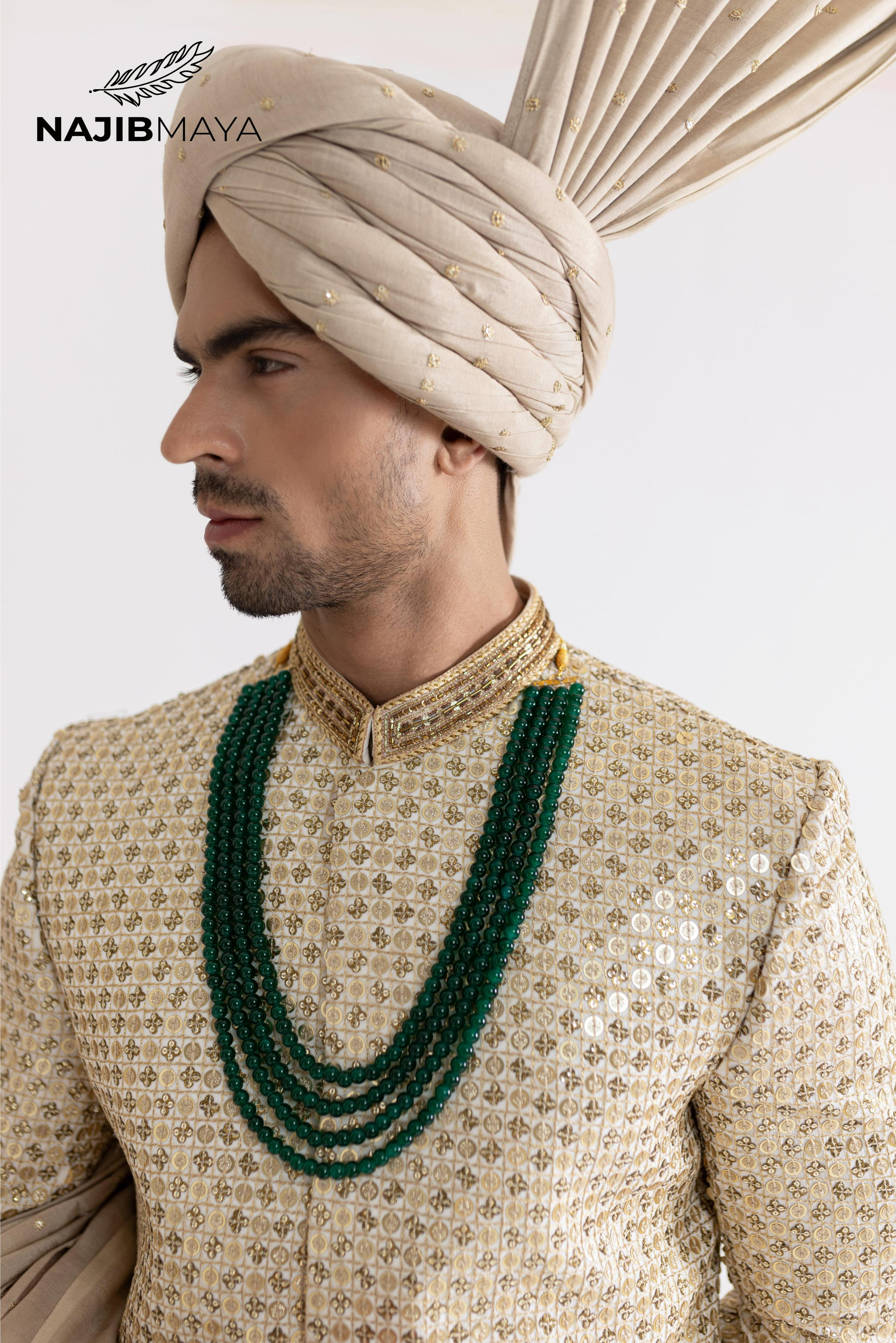 Cream Golden Sherwani For Men's Secondary image