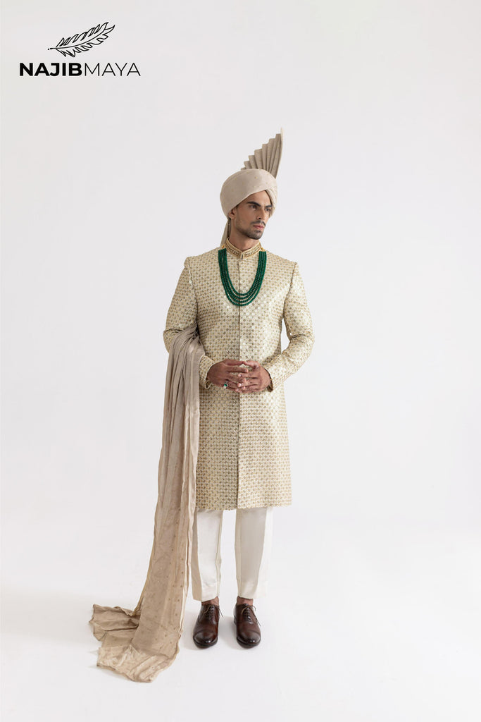 Cream Golden Sherwani For Men's