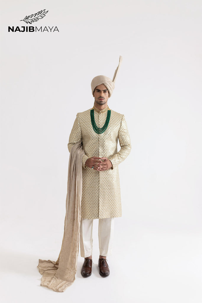 Cream Golden Sherwani For Men's