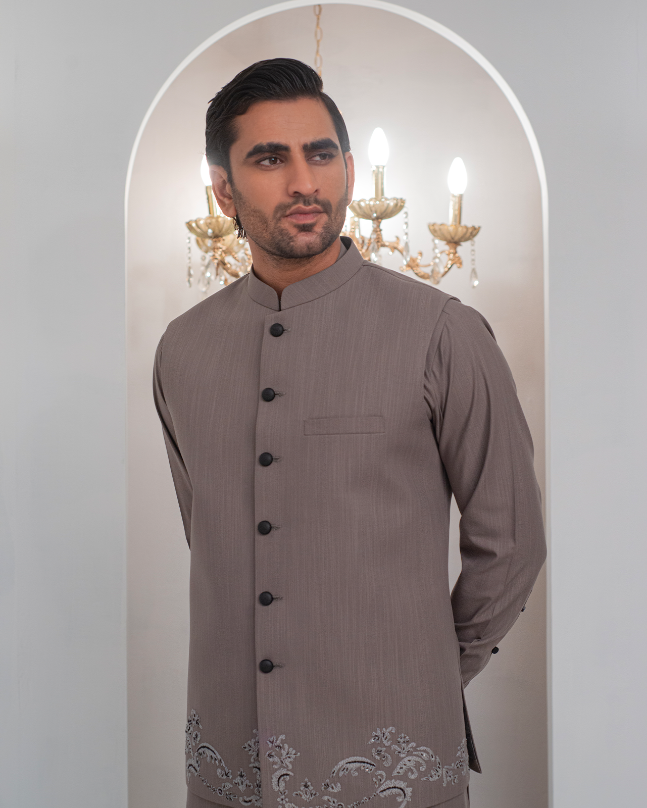 Grey Kurta Bell Bottom Pajama + Embroidered Waist Coat For Men's Secondary image