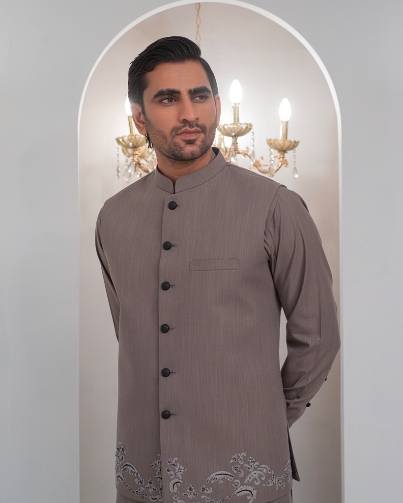 Grey Kurta Bell Bottom Pajama + Embroidered Waist Coat For Men's