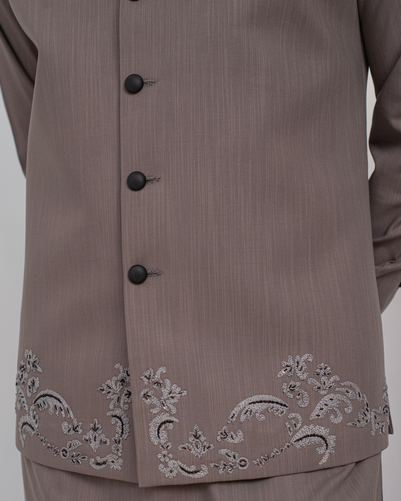 Grey Kurta Bell Bottom Pajama + Embroidered Waist Coat For Men's