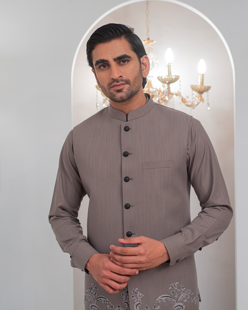 Grey Kurta Bell Bottom Pajama + Embroidered Waist Coat For Men's