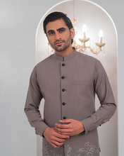 Load image into Gallery viewer, Grey Kurta Bell Bottom Pajama + Embroidered Waist Coat For Men's