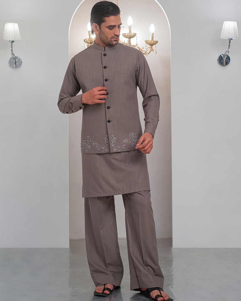 Grey Kurta Bell Bottom Pajama + Embroidered Waist Coat For Men's
