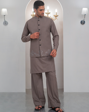 Load image into Gallery viewer, Grey Kurta Bell Bottom Pajama + Embroidered Waist Coat For Men's
