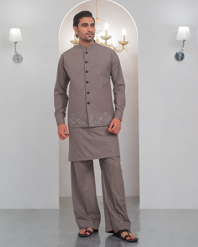 Grey Kurta Bell Bottom Pajama + Embroidered Waist Coat For Men's