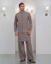 Load image into Gallery viewer, Grey Kurta Bell Bottom Pajama + Embroidered Waist Coat For Men's