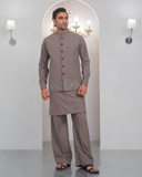 Grey Kurta Bell Bottom Pajama + Embroidered Waist Coat For Men's