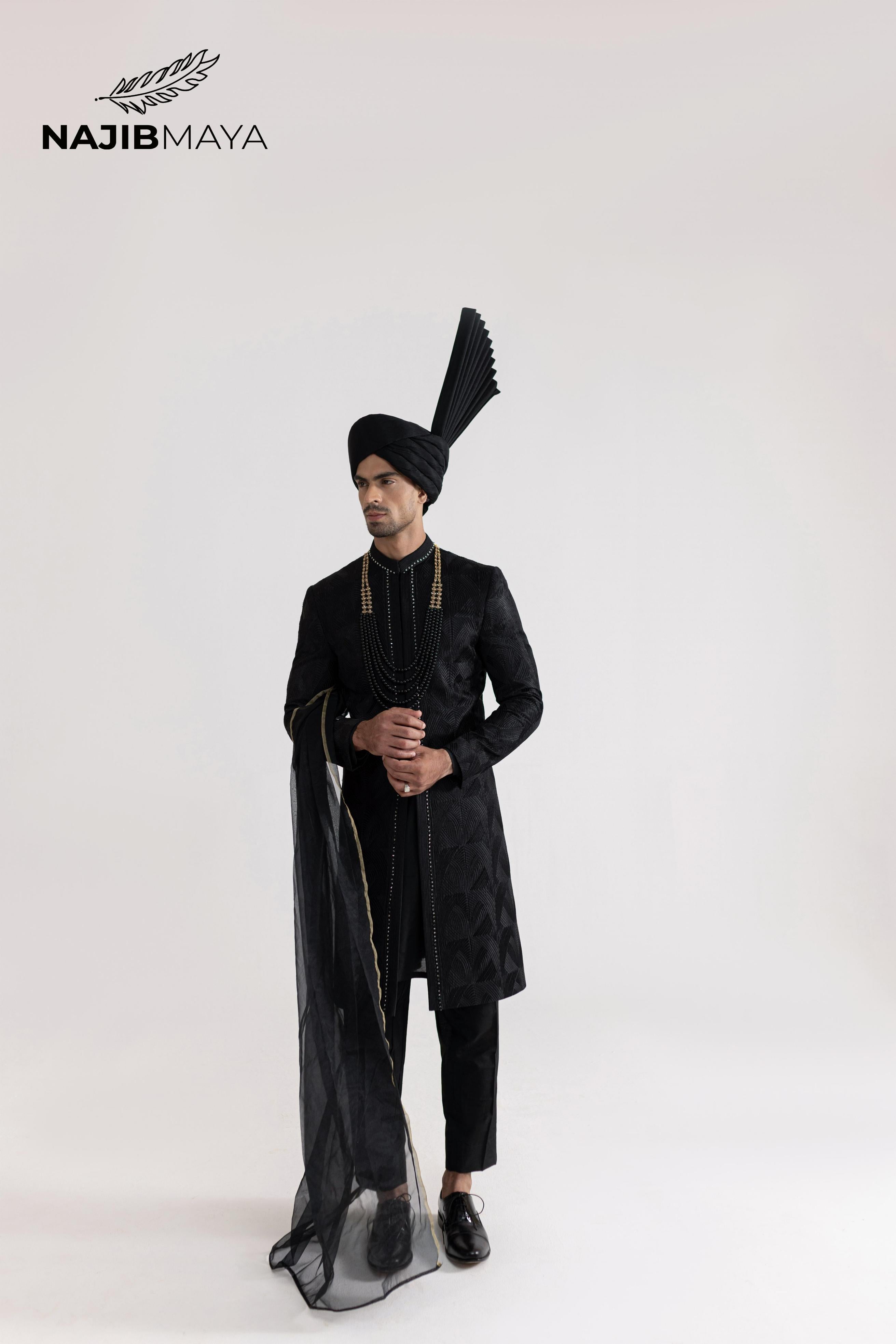 Black Front Open Sherwani For Men's