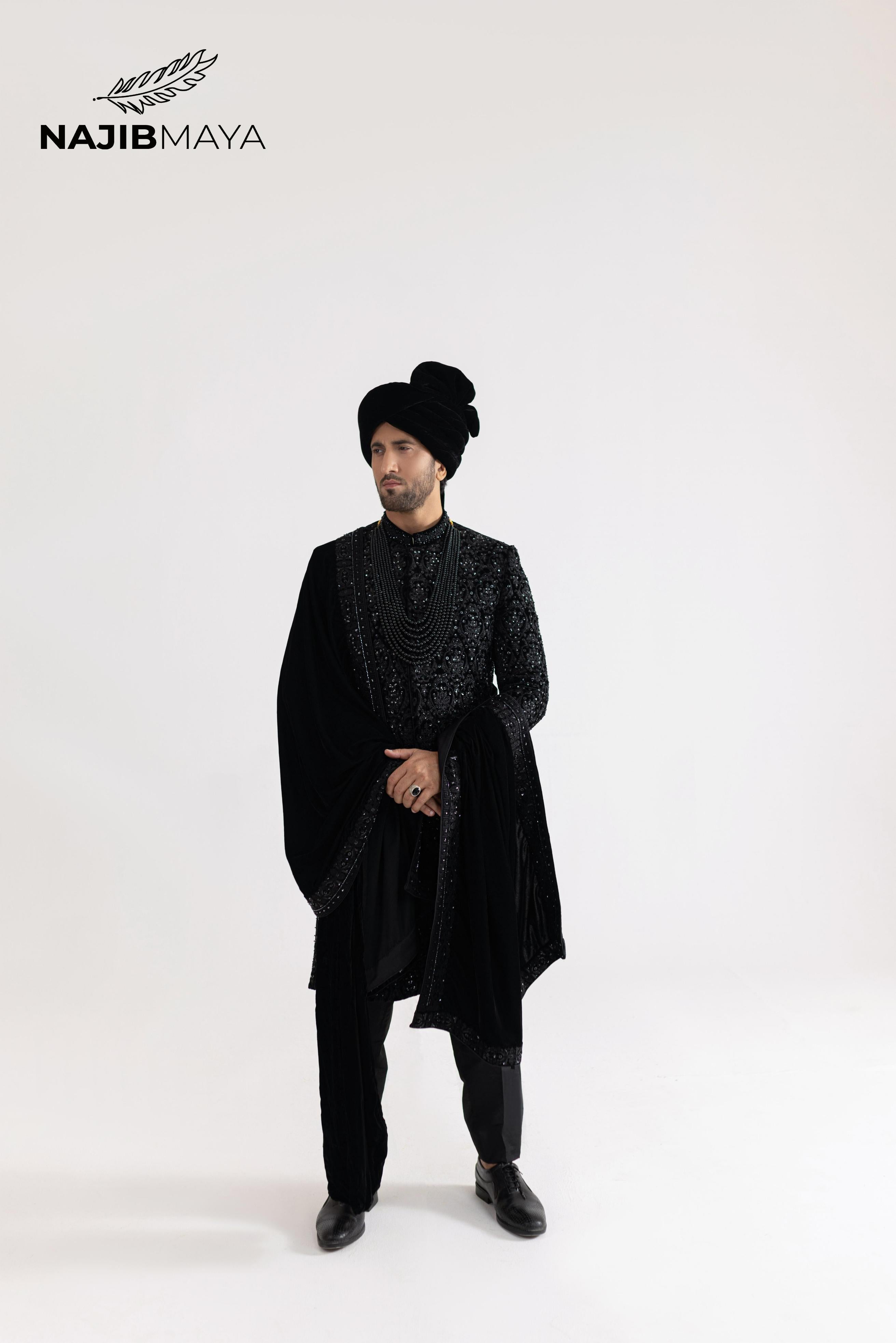 Black Stone Hand Work Sherwani For Men's Main image