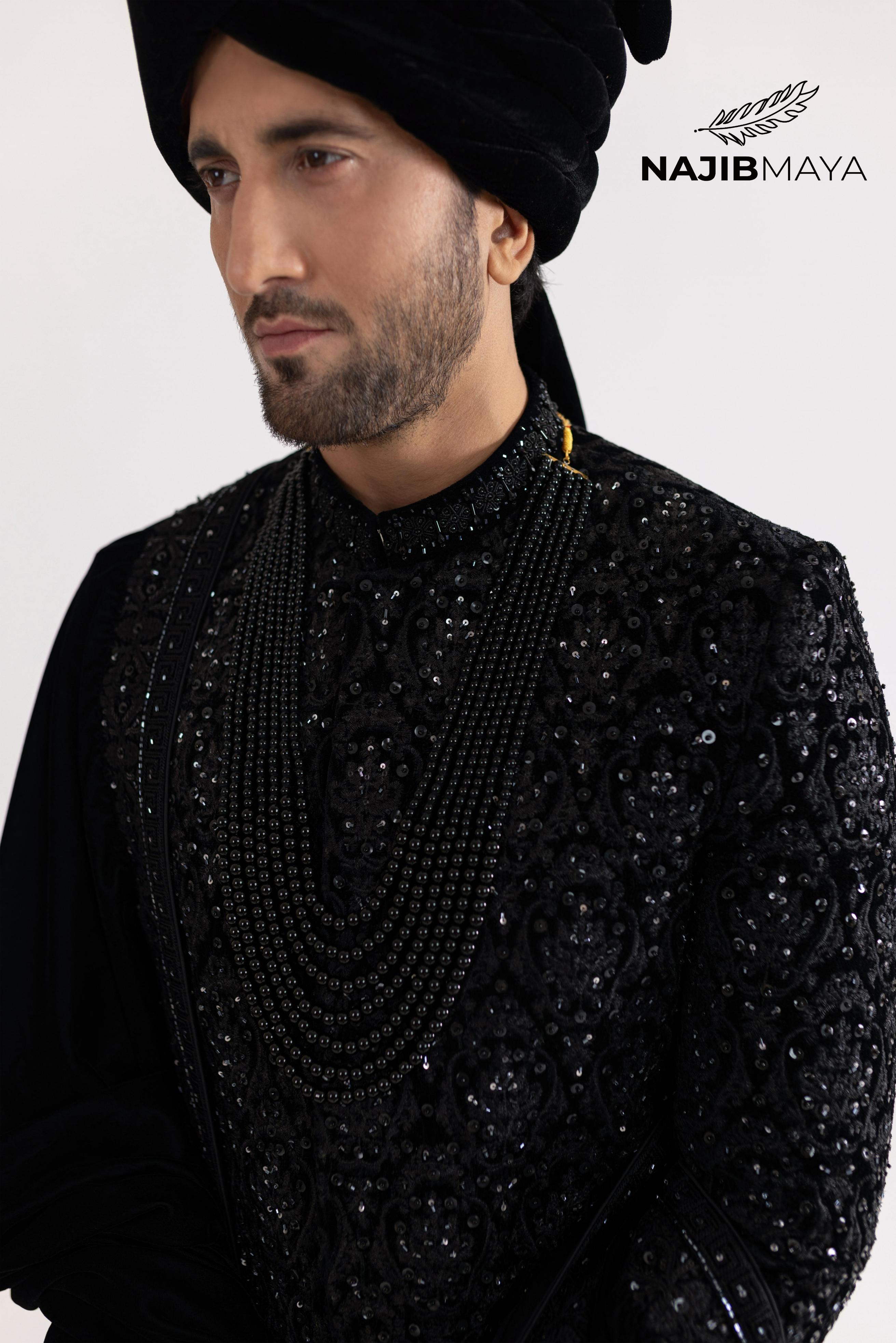 Black Stone Hand Work Sherwani For Men's