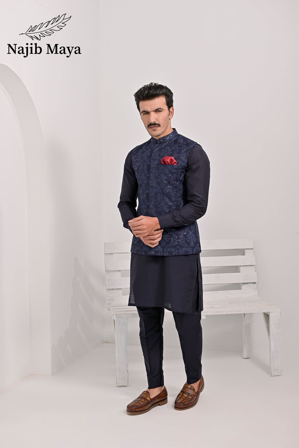 Blue Embroidery Waist Coat & Blue Kurta Pajama For Men's