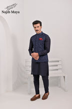Blue Embroidery Waist Coat & Blue Kurta Pajama For Men's