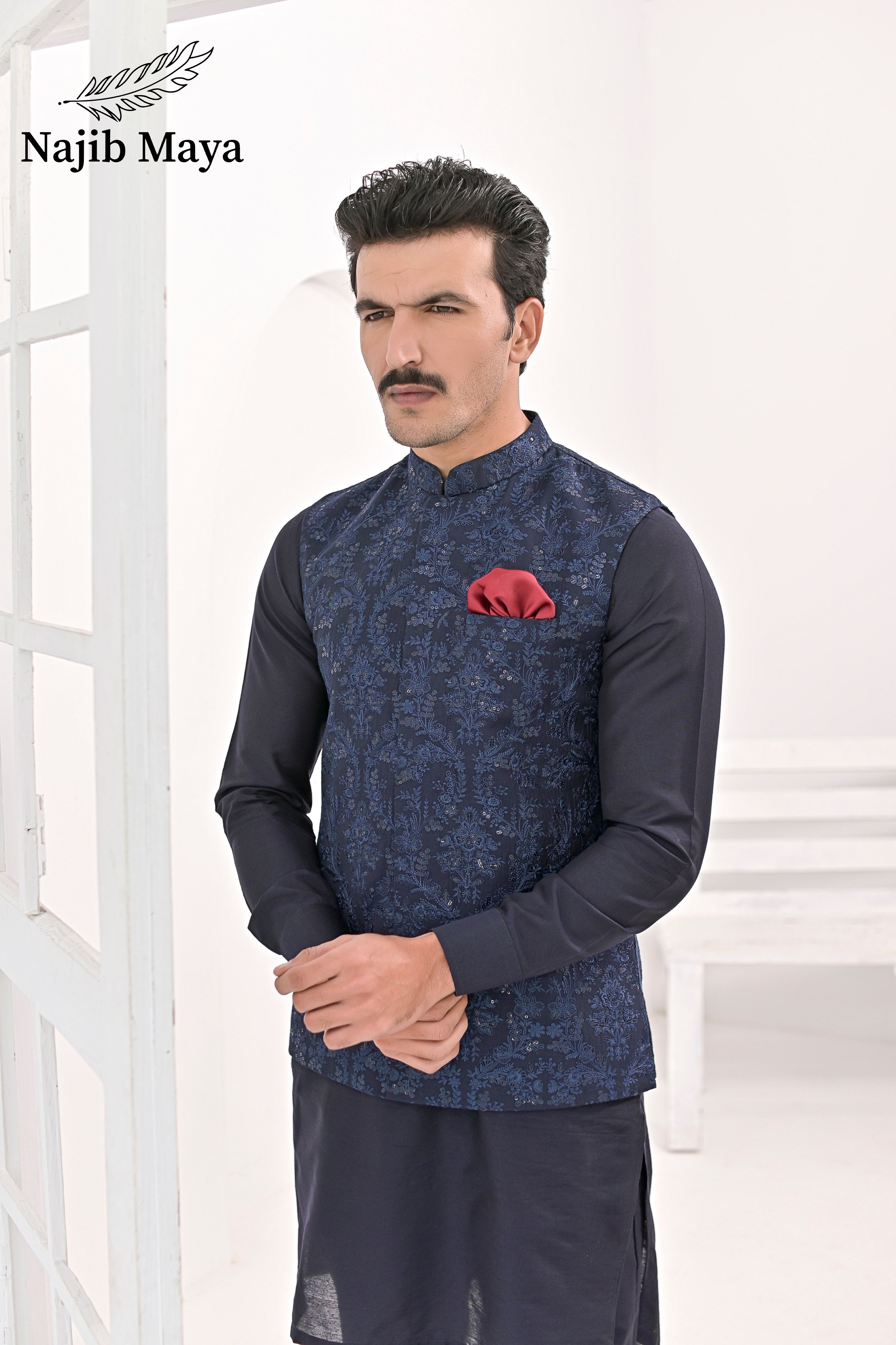 Blue Embroidery Waist Coat & Blue Kurta Pajama For Men's