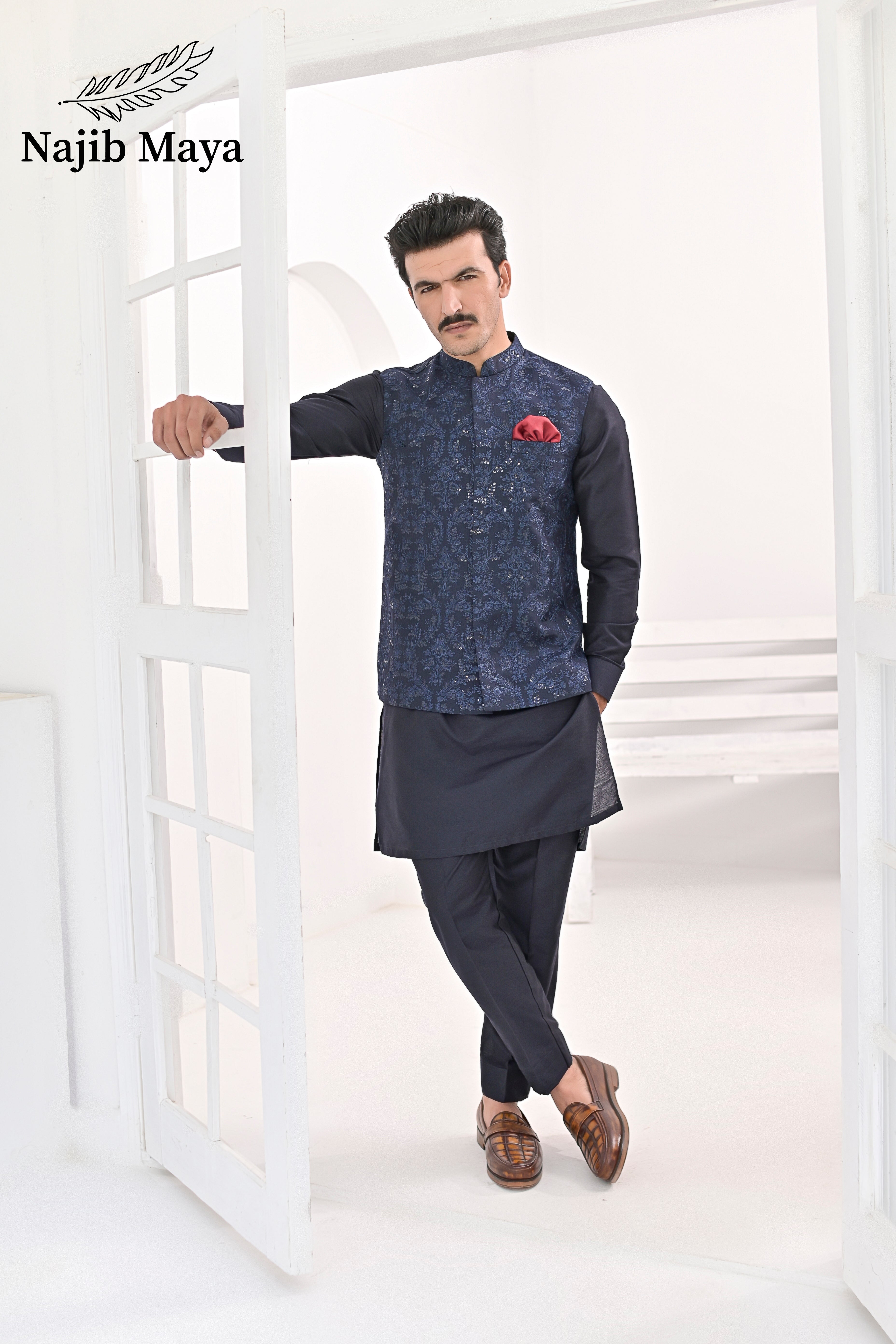 Blue Embroidery Waist Coat & Blue Kurta Pajama For Men's Main image
